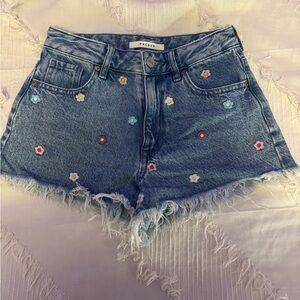 PacSun Blue Jean Shorts with Distressed Hem and Floral Embroidery